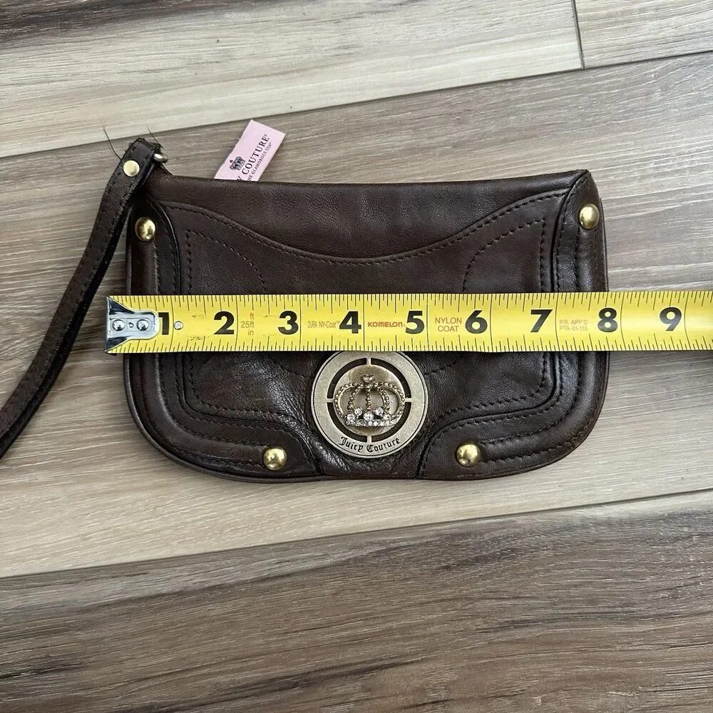 Vintage Juicy Couture Brown Leather Wristlet Crown Rhinestone Medallion Y2K Bag